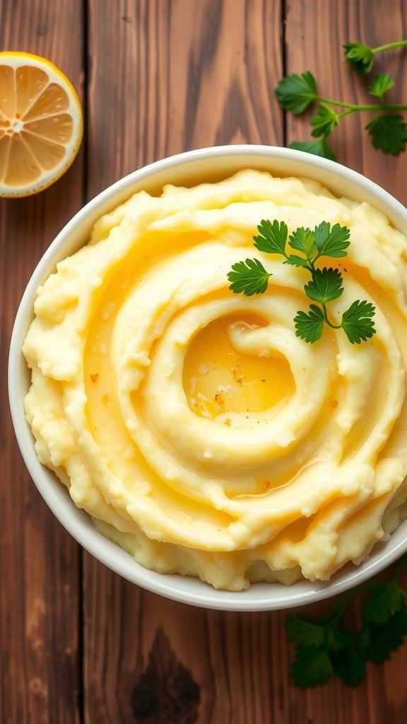 A bowl of lemon mashed potatoes garnished with parsley, on a rustic table with a lemon half.